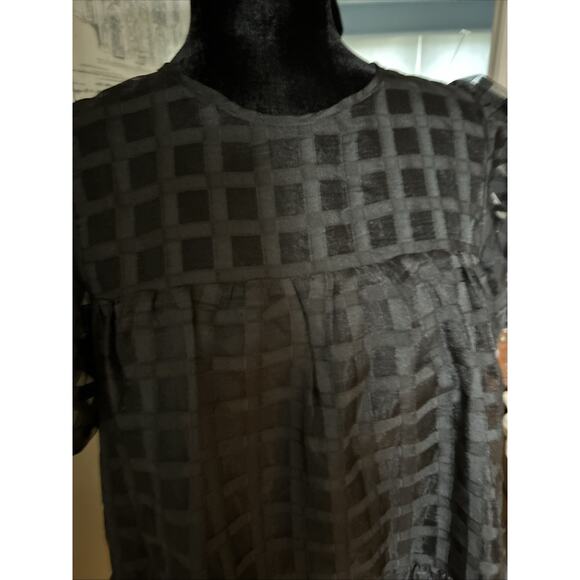 English Factory Puffy Sleeve Black Dress window pane semi sheer lined tired sz S - Picture 12 of 16